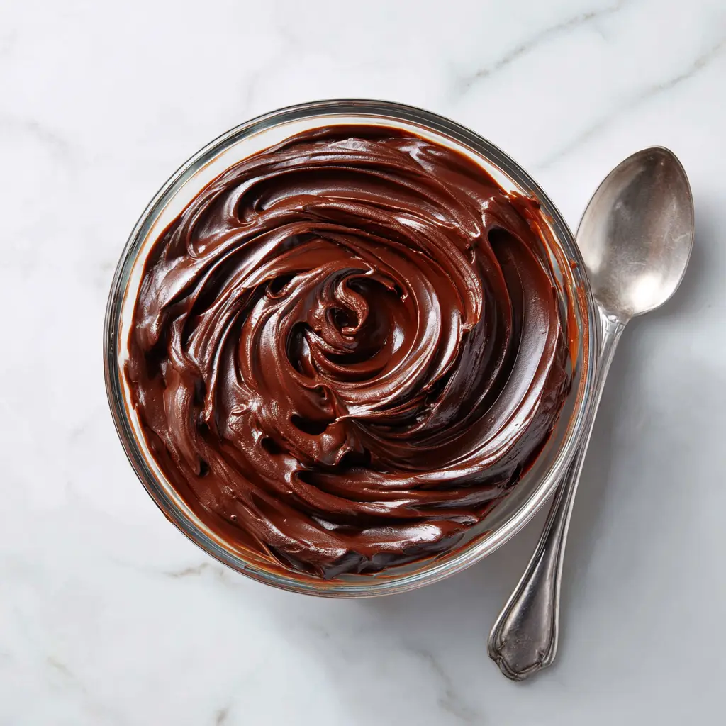 A baker using a spatula to show the creamy texture of the finished chocolate cake filling in a glass bowl.