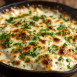 An extreme close-up of creamy white cheddar beer cheese dip in a rustic cast-iron skillet, showing its perfectly smooth texture.