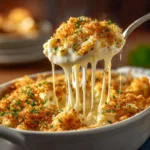 An extreme close-up shot of a spoonful of creamy white cheddar mac and cheese, showcasing its velvety texture.