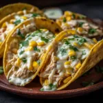A serving of creamy white chicken chili tacos on a plate, with a side of lime wedges. The tacos are artfully arranged to show the tender shredded chicken and rich chili.