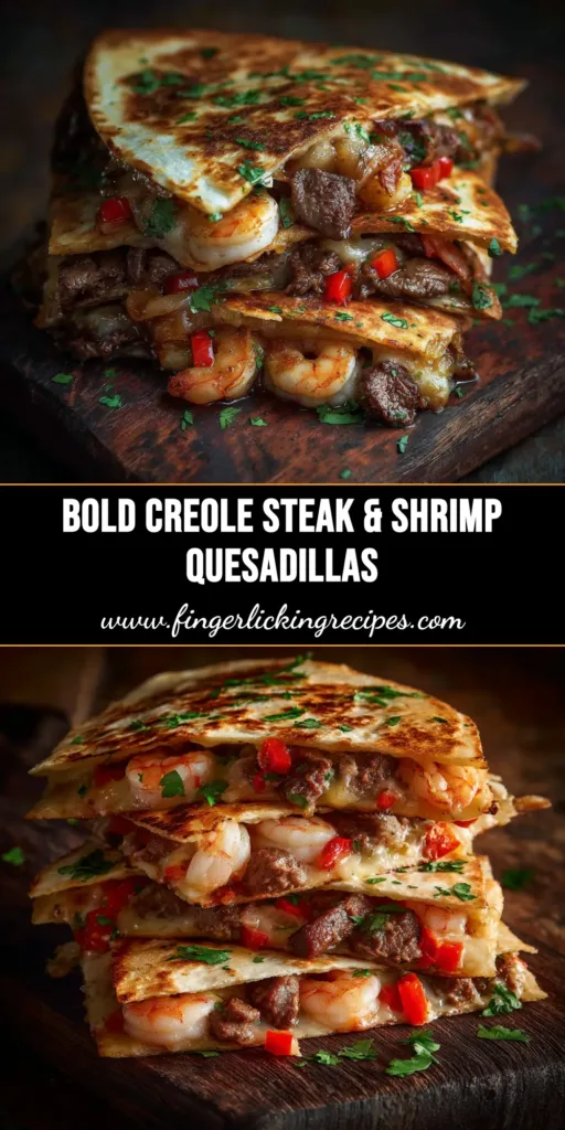 A delicious stack of Creole Steak and Shrimp Quesadillas cut into wedges, revealing a cheesy filling of seasoned steak and shrimp. A side of sour cream is visible.