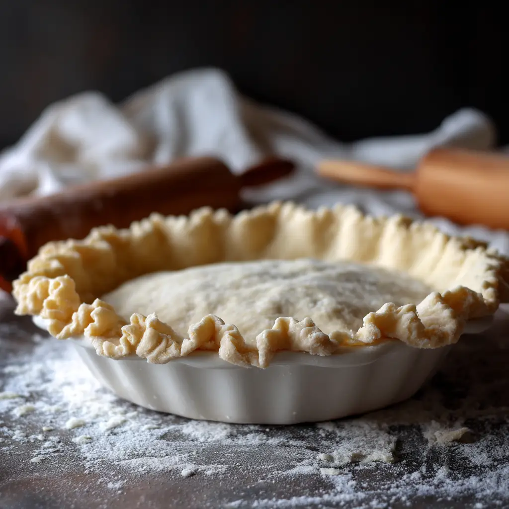 A detailed close-up of a beautifully crimped pie crust edge before baking.