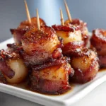 Bacon Wrapped Water Chestnuts (The Ultimate Crispy Appetizer) A close-up view of a single bacon wrapped water chestnut, showing the crispy texture of the bacon and the shiny sweet and savory glaze.