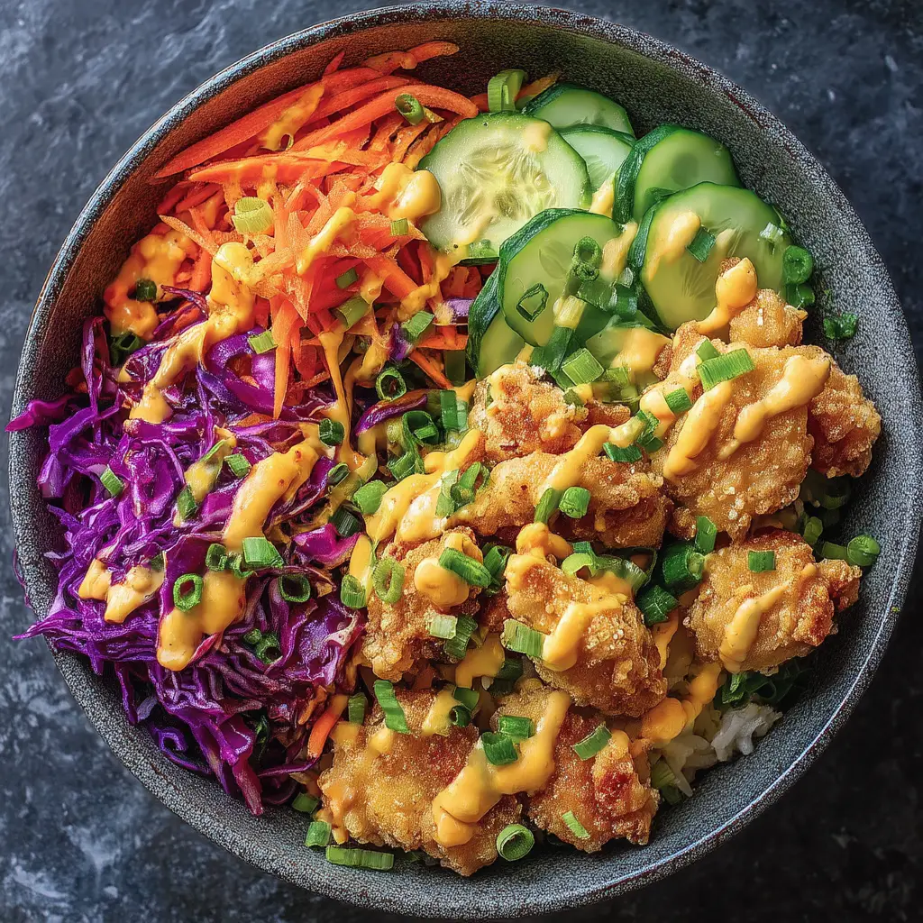 A close-up overhead view of the crispy chicken pieces being tossed in the signature creamy bang bang sauce in a white bowl.