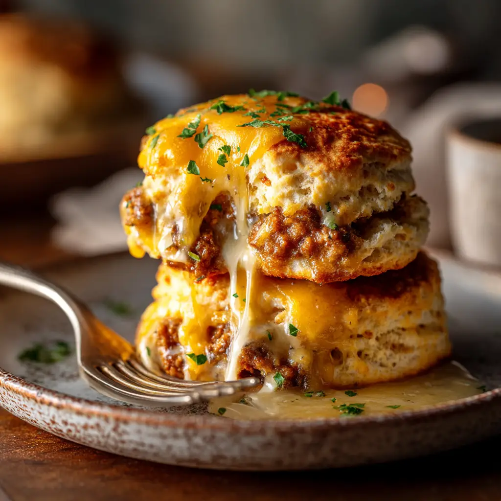 A close-up of a golden brown butter swim biscuit, highlighting its crispy, buttery edges.