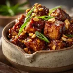 An extreme close-up of a piece of crispy air fryer tofu coated in a glossy honey garlic sauce, showcasing its perfect texture.