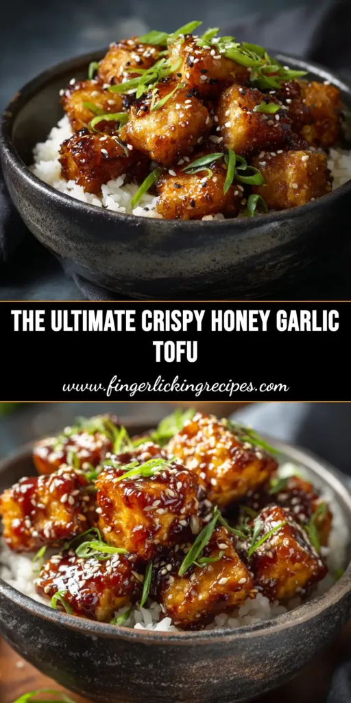 A stunning overhead shot of crispy honey garlic tofu in a white bowl, garnished with sesame seeds and green onions, ready to be pinned. The tofu is glistening with a sticky, sweet sauce.