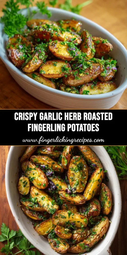 A large platter of crispy roasted fingerling potatoes garnished with fresh herbs. The perfect easy and delicious side dish recipe.