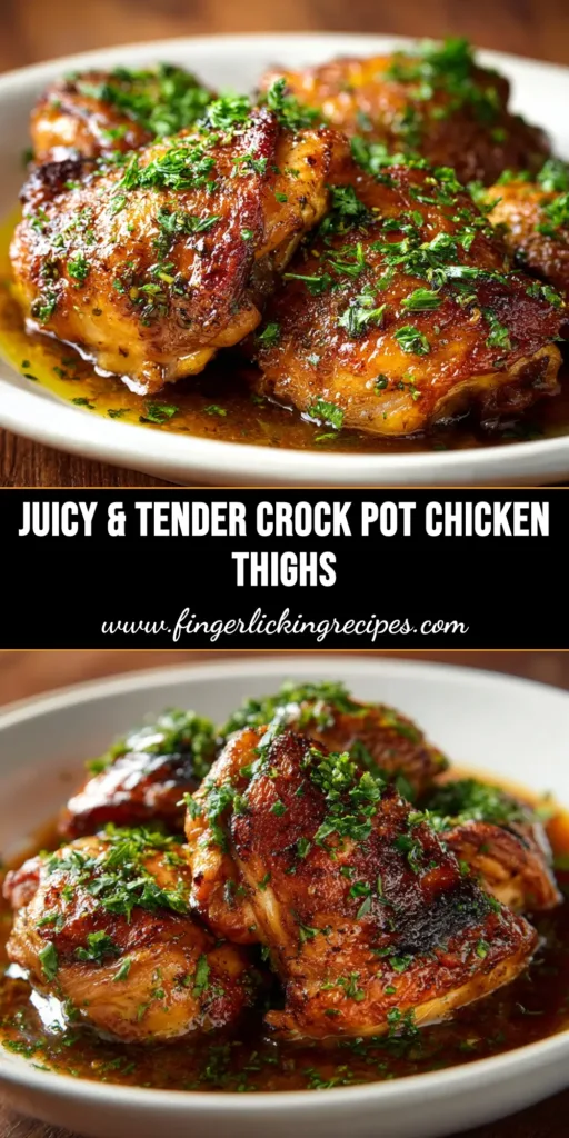 Easy Crock Pot Chicken Thighs with a savory honey garlic sauce. The perfect slow cooker recipe for tender, juicy chicken! | FingerLicking_Recipes