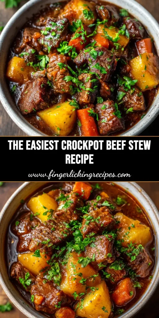 An overhead shot of a rich and hearty Crockpot Beef Stew in a white bowl, garnished with fresh parsley. The perfect easy slow cooker dinner recipe.