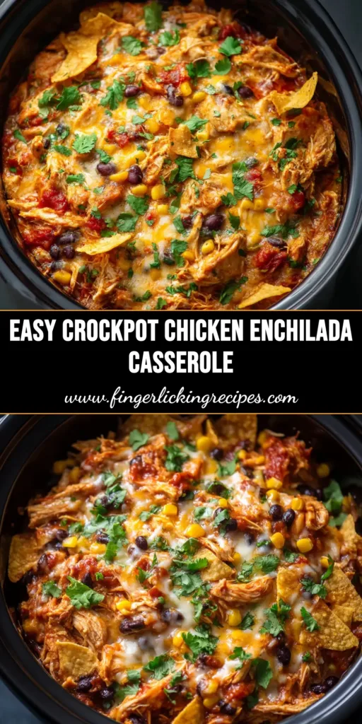 A serving of Crockpot Chicken Enchilada Casserole on a white plate, topped with sour cream and fresh cilantro. A slow cooker is visible in the background.