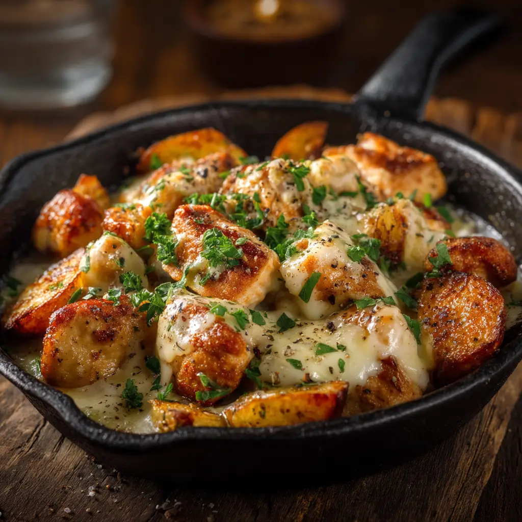 The ingredients for crockpot garlic parmesan chicken, including chicken breasts, cream cheese, and garlic, arranged before cooking.