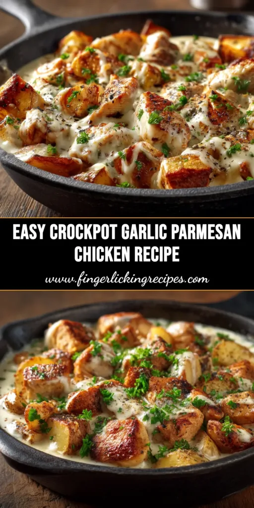 A shareable pin image for the best Crockpot Garlic Parmesan Chicken recipe, showing creamy chicken over pasta in a white bowl with text overlay.