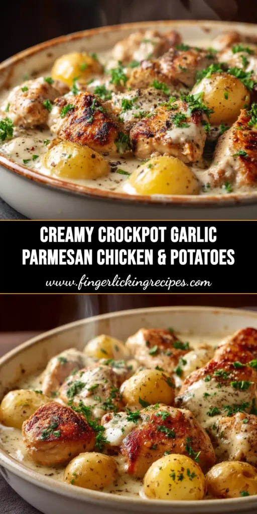 A vertical pin image showing Crockpot Garlic Parmesan Chicken being served over pasta, with text overlay reading 'The Creamiest Crockpot Garlic Parmesan Chicken Recipe'.