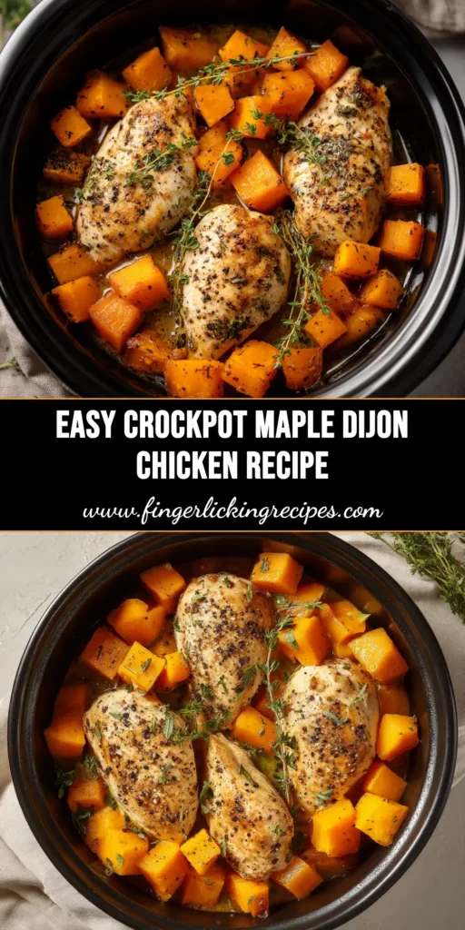 A stunning pin image for Crockpot Maple Dijon Chicken, showing tender chicken coated in a glossy sauce, ready to be served.
