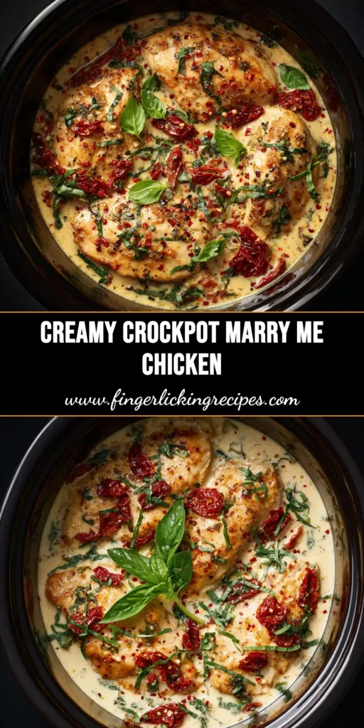 A hero shot of the finished Crockpot Marry Me Chicken served in a white bowl over pasta, garnished with fresh basil. The creamy sun-dried tomato sauce is visibly rich and coats the tender chicken.