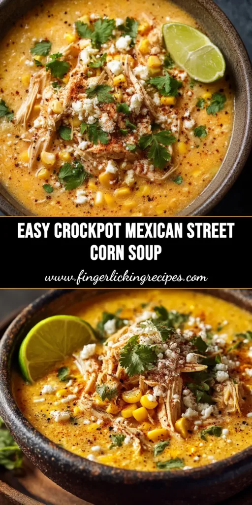 A vibrant bowl of Crockpot Mexican Street Corn Soup, garnished with cotija cheese, cilantro, and a lime wedge, ready to be pinned.