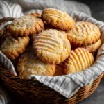 A close-up view of a stack of flaky French butter cookies, showing their crumbly texture and golden-brown edges.