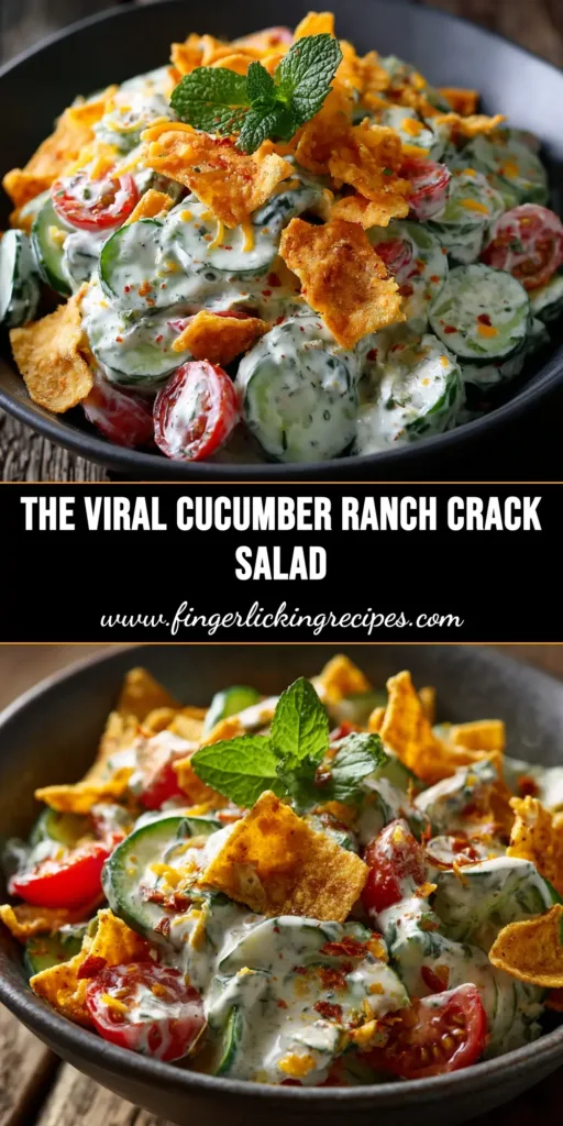 A large white bowl filled with creamy Cucumber Ranch Salad, garnished with fresh dill. The title reads 'Creamy Cucumber Ranch Salad'.