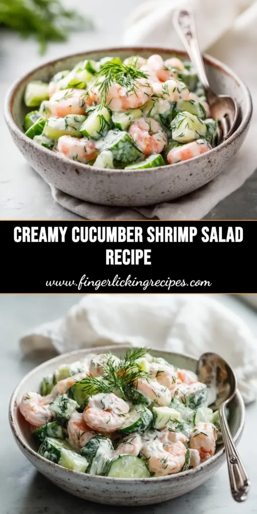 A vibrant and refreshing Cucumber Shrimp Salad in a white bowl, topped with fresh dill. This easy and healthy recipe is perfect for a quick lunch or dinner.
