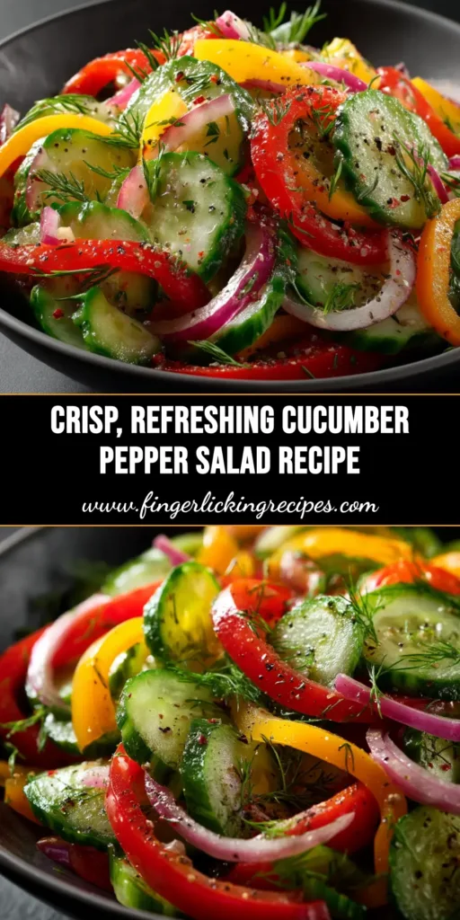 A vibrant and refreshing Cucumber Sweet Pepper Salad in a white bowl, garnished with fresh dill. The perfect quick and healthy side dish.