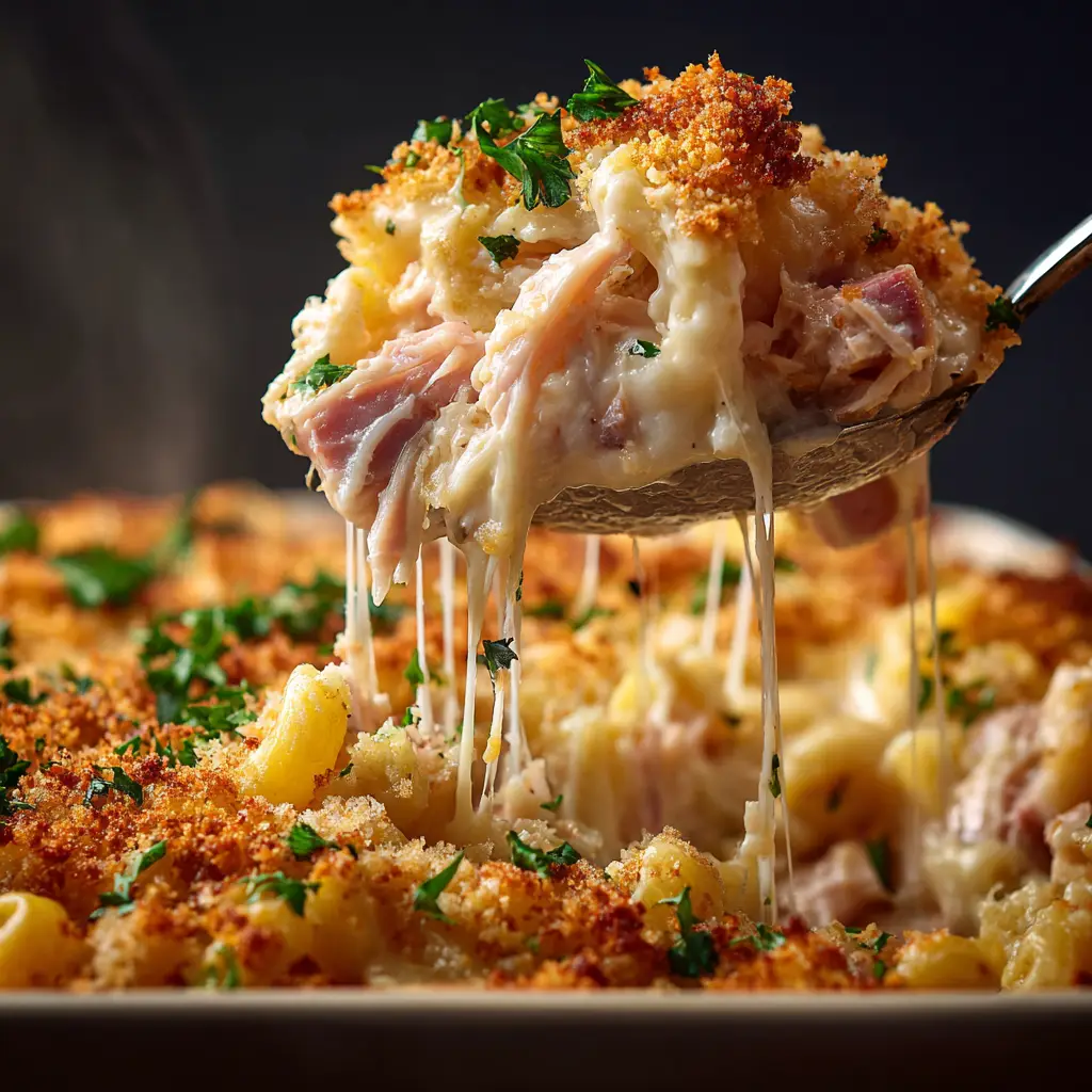 The deconstructed chicken cordon bleu casserole being assembled in a baking dish before going into the oven.
