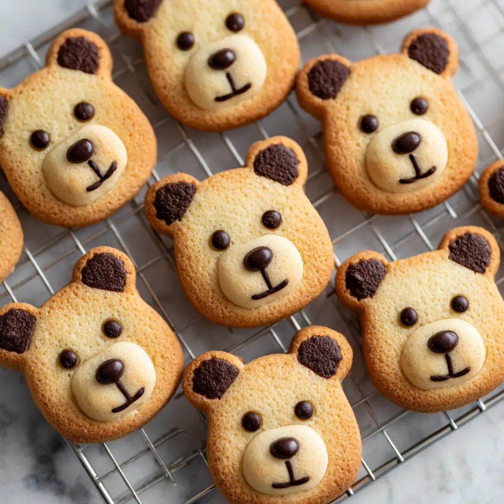 Chocolate Chip Bear Cookies (The Cutest & Easiest Recipe!) 2 A plate of decorated chocolate chip bear cookies, with cute faces drawn on with melted chocolate.