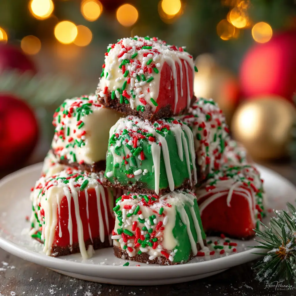 No-Bake Christmas Cheesecake Bites (Easy & Festive!) 2 Decorating no-bake holiday treats with festive red and green sprinkles over melted white chocolate.