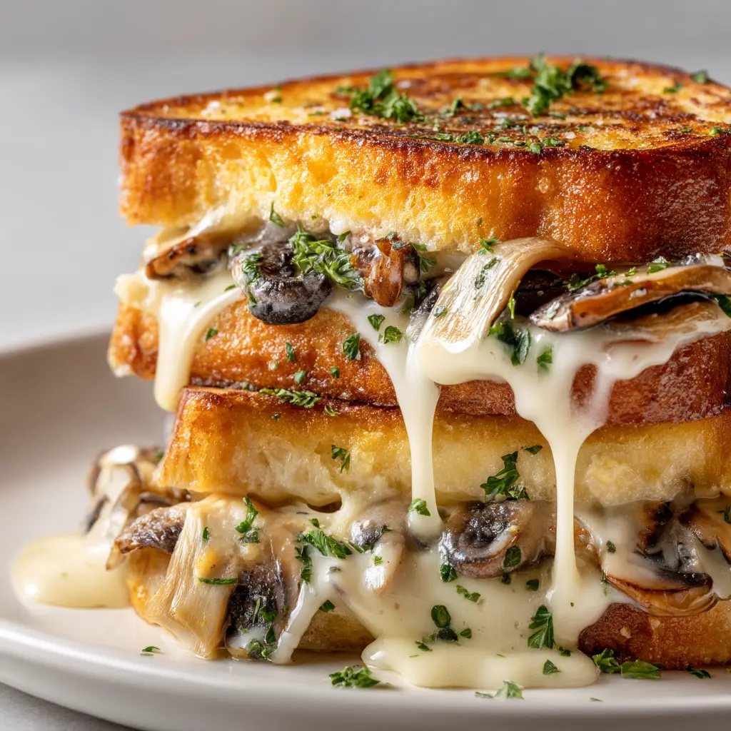 A close-up shot of the interior of a Swiss mushroom melt, emphasizing the sautéed mushrooms, caramelized onions, and juicy ground beef patty.