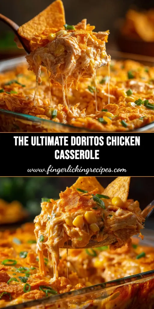 Doritos Casserole with Chicken (The Ultimate Easy Recipe!) 5 A large slice of Doritos Casserole with Chicken on a white plate, showing layers of chicken, cheese, and crunchy Doritos.