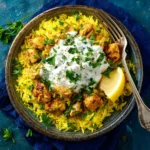 An overhead shot of the Dump and Bake Chicken Tzatziki Rice in a rustic casserole dish before being served, highlighting the golden-brown chicken.