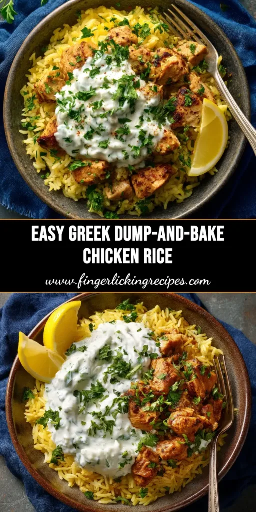 A colorful pin graphic for Dump and Bake Chicken Tzatziki Rice, showing the final dish in a baking pan topped with fresh dill and feta.