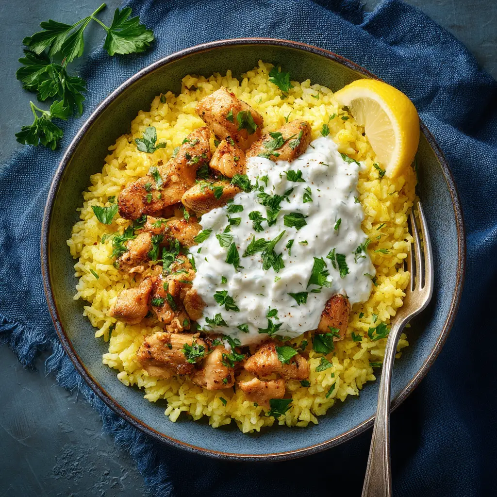 A serving of the Dump and Bake Chicken Tzatziki Rice on a plate, generously topped with creamy tzatziki sauce and fresh dill.