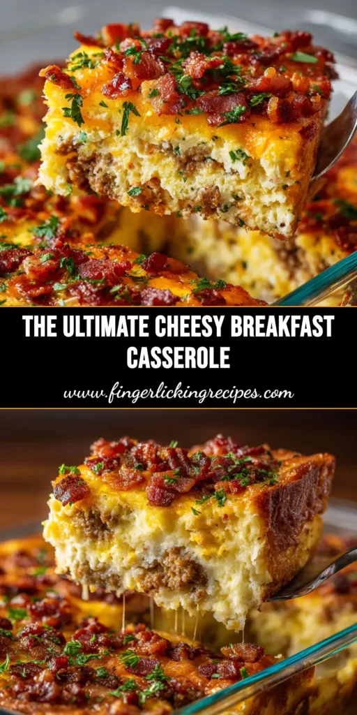 A delicious, golden-brown breakfast casserole in a white baking dish, with a slice taken out to show the cheesy, eggy layers inside. The perfect make-ahead breakfast casserole recipe for a crowd.