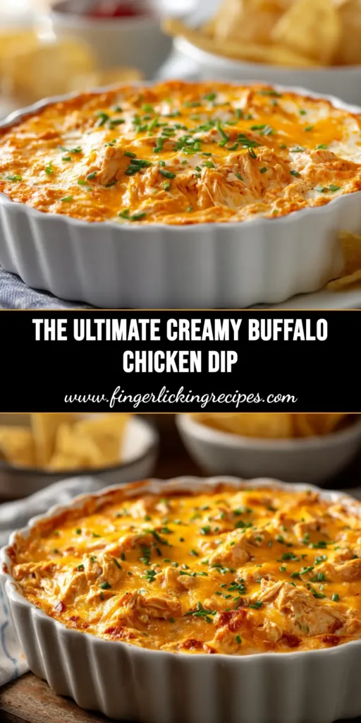 Buffalo Chicken Dip: The Ultimate Creamy & Spicy Recipe 4 A shareable pin image showing a baking dish of creamy, cheesy Buffalo Chicken Dip with a bowl of tortilla chips next to it.