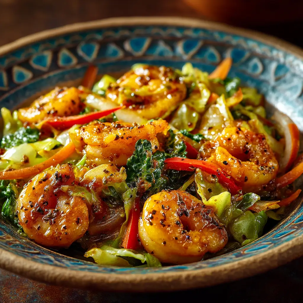 Shrimp and Cabbage Stir Fry (Ready in 15 Minutes!) 2 A spoonful of the easy cabbage stir fry being lifted from a bowl, showcasing the simple ingredients like shrimp and sesame seeds.