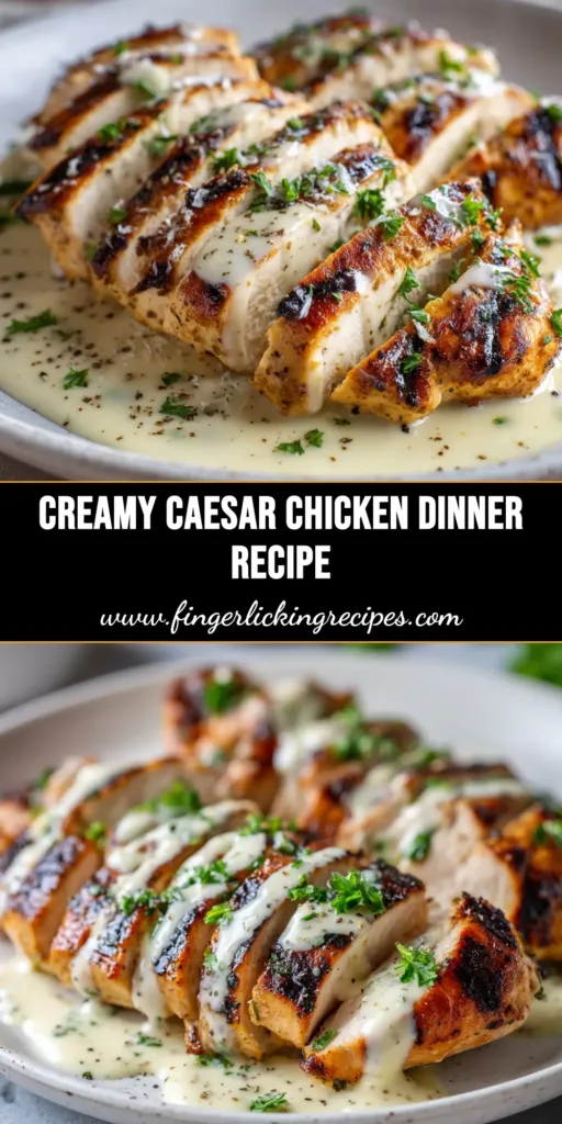 A plate of perfectly cooked Caesar Chicken, sliced to show its juicy interior, served over a fresh Caesar salad with croutons and parmesan cheese.