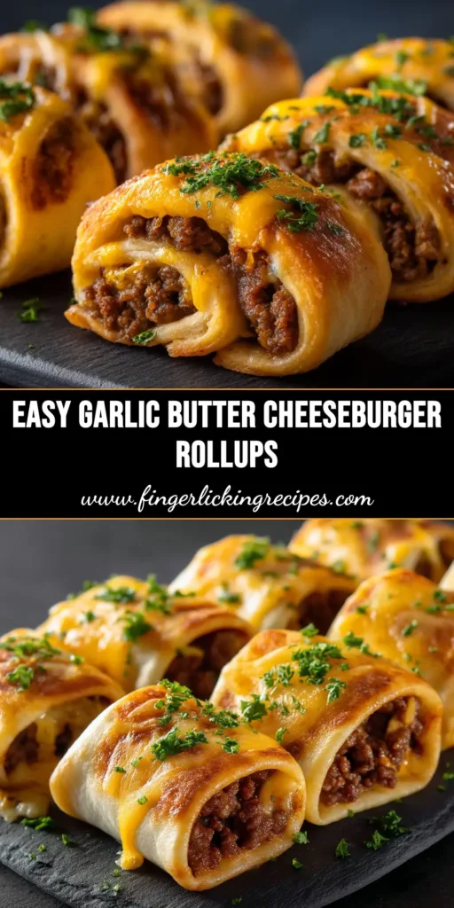Cheeseburger Rollups (The Ultimate Easy Recipe!) 5 A shareable pin image of delicious cheeseburger rollups with text overlay reading 'Easy 30-Minute Cheeseburger Rollups'.