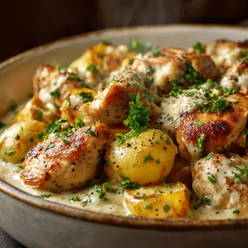 A serving of crockpot garlic parmesan chicken next to the slow cooker, ready to be eaten.