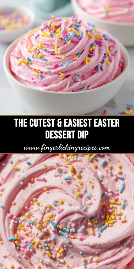 A colorful and creamy Easter dessert dip in a white bowl, topped with pastel sprinkles and mini chocolate eggs, surrounded by various dippers.