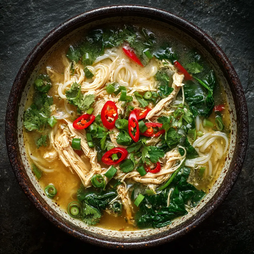 A close-up view of the finished chicken noodle soup, with a spoon lifting noodles and chicken from the flavorful broth.