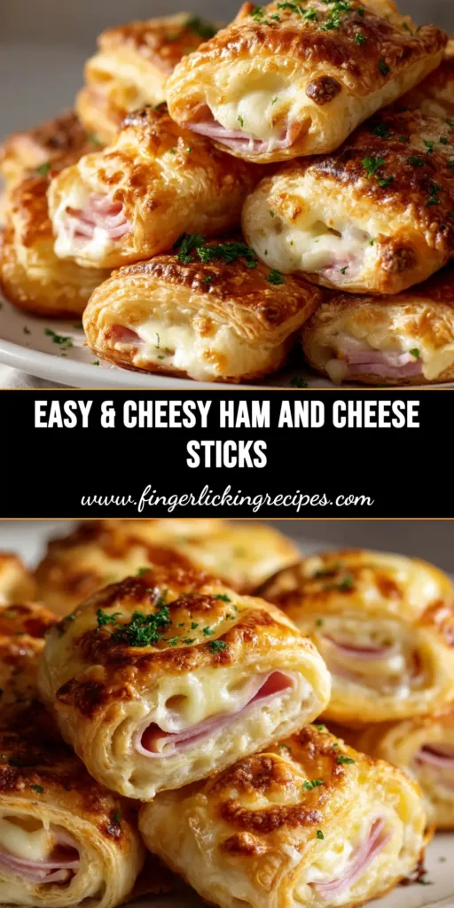 An overhead shot of golden baked ham and cheese sticks arranged on a platter, ready to be served as an easy appetizer.