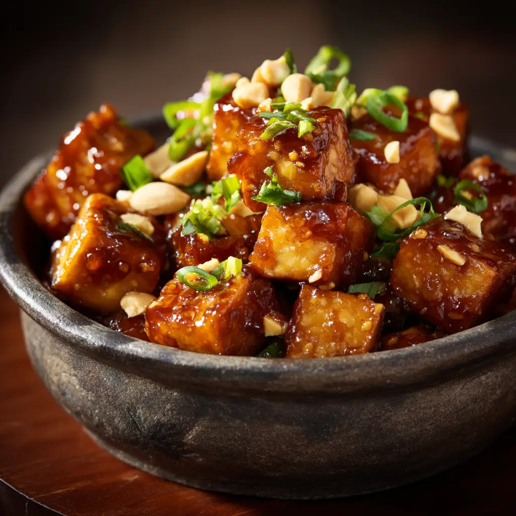 A fork picking up a piece of easy honey garlic tofu from a bowl, served over a bed of white rice.