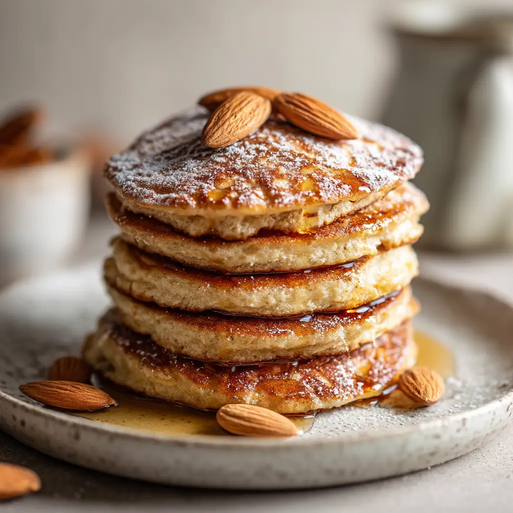 A serving of easy low-carb almond flour pancakes on a plate, ready to be topped with fresh fruit and syrup.