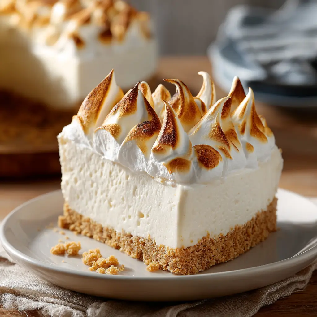 A fork cutting into a slice of marshmallow cheesecake, highlighting its soft, easy-to-eat consistency and graham cracker crust.