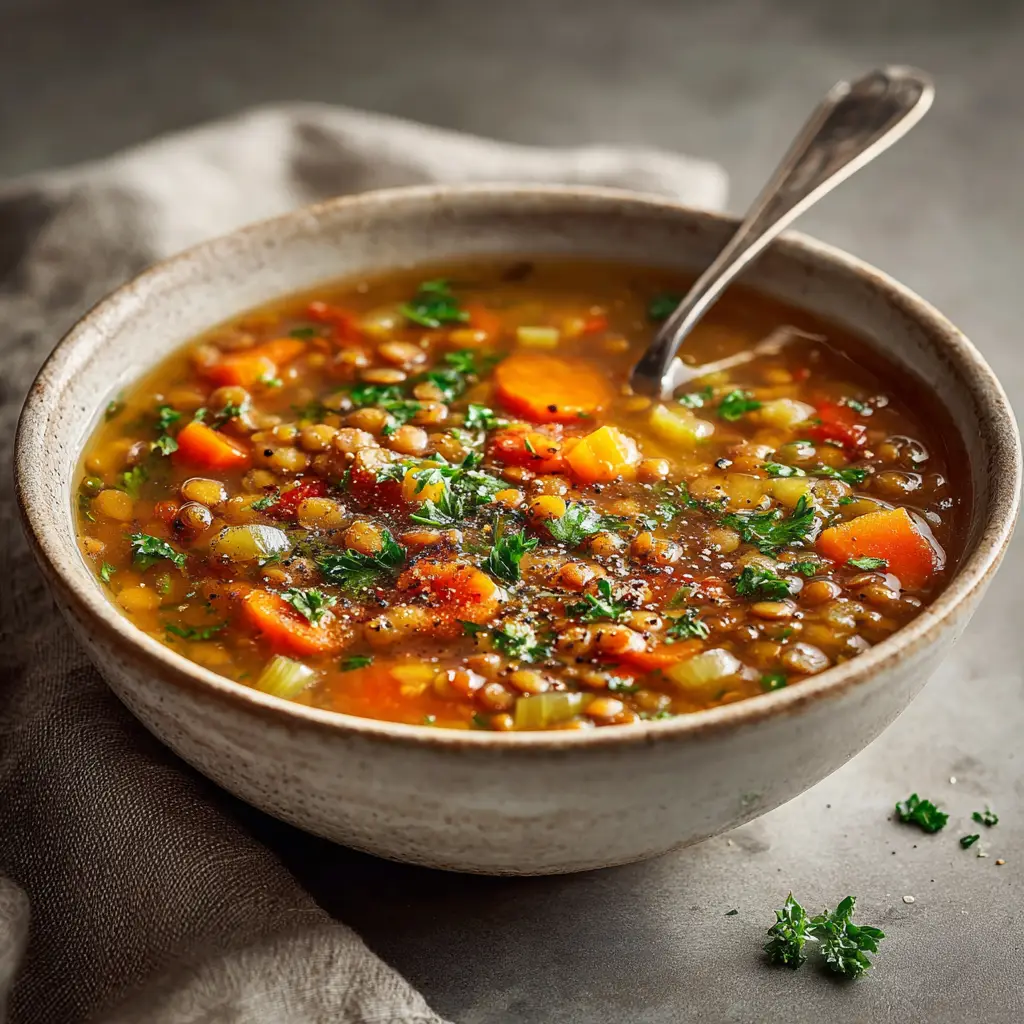 Classic Lentil Soup: A Simple and Hearty Recipe 2 A delicious bowl of easy lentil soup simmering in a pot, showing the tender lentils and vegetables mixed together.