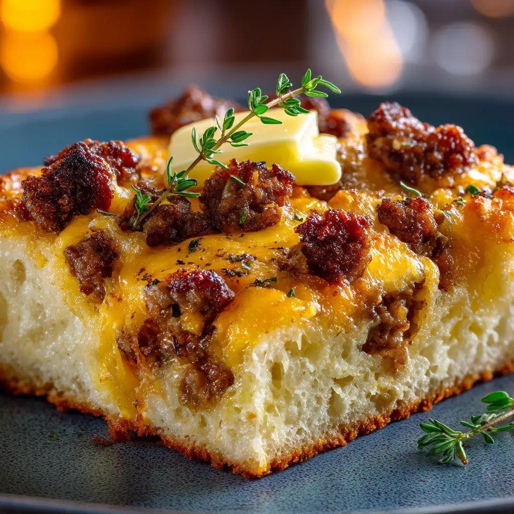 A delicious slice of sausage and cheese pancake casserole on a plate, ready to be eaten. A perfect example of a sheet pan breakfast.