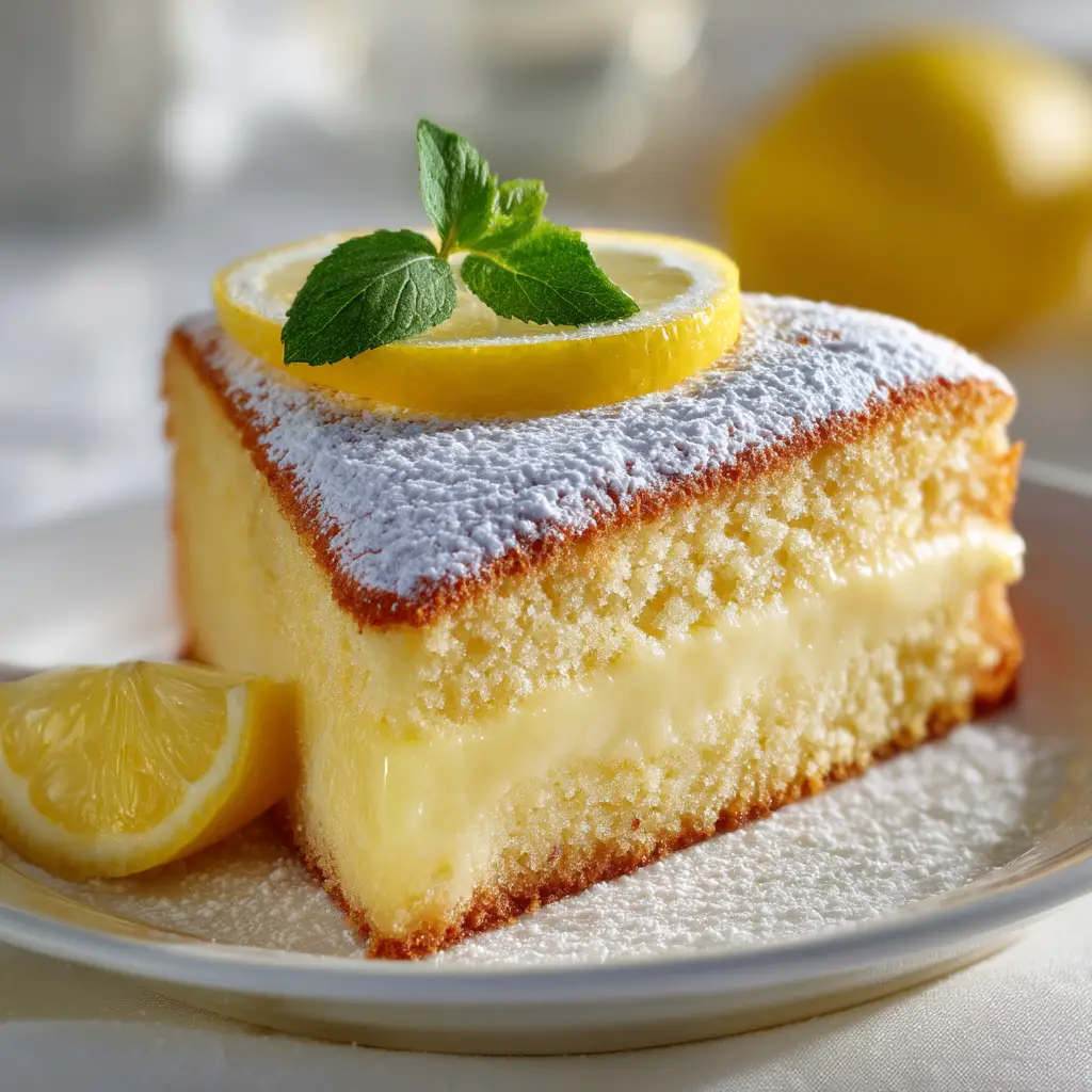 A fork taking a bite out of a slice of the three-layer lemon magic cake, revealing its creamy and soft texture.