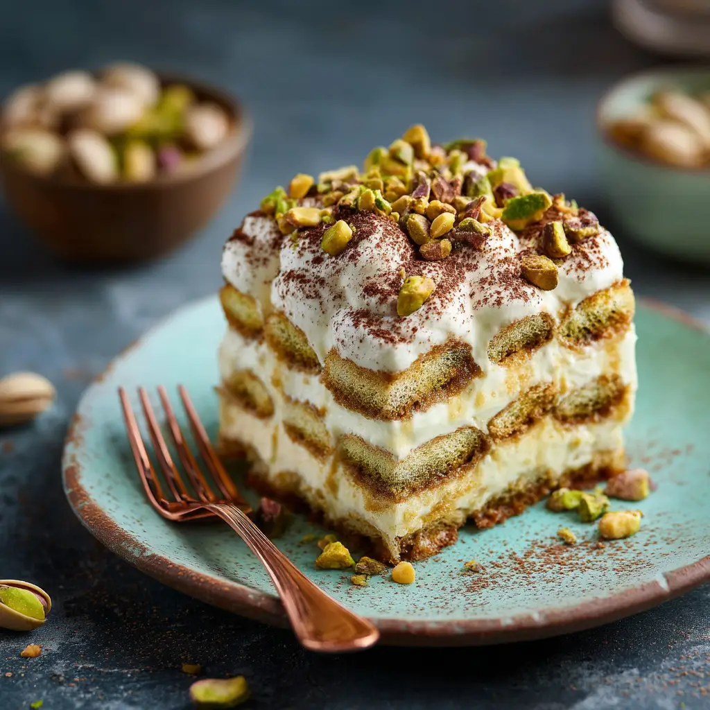 A fork taking a bite out of a slice of pistachio tiramisu, showcasing the dessert's light and airy texture. The background is softly blurred to keep the focus on the tiramisu.