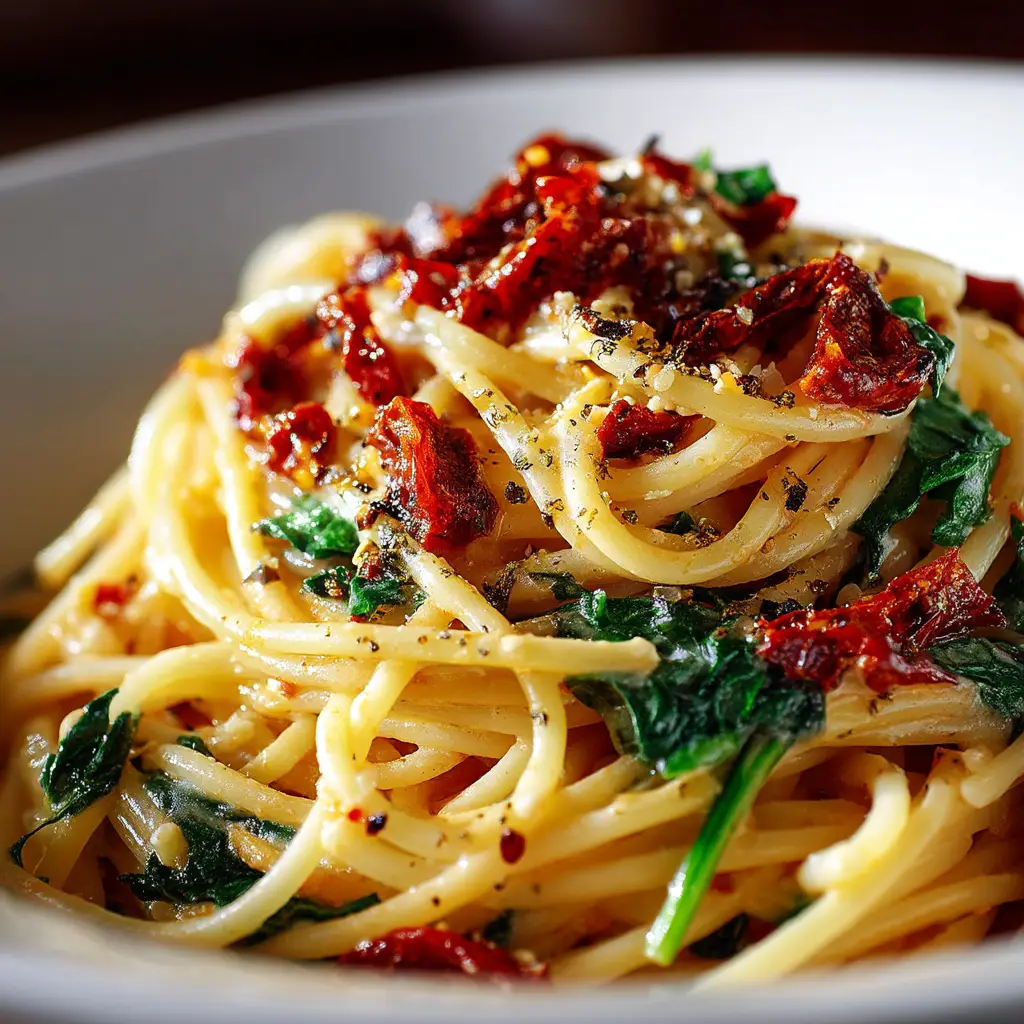 A fork twirling spaghetti from a bowl of sun-dried tomato pasta, showing off the dish ready to be eaten.